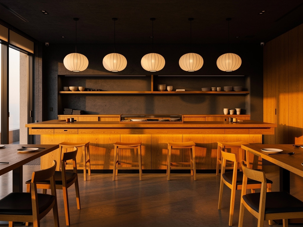 A modern Japanese-minimal sushi restaurant interior with warm wood and soft lighting