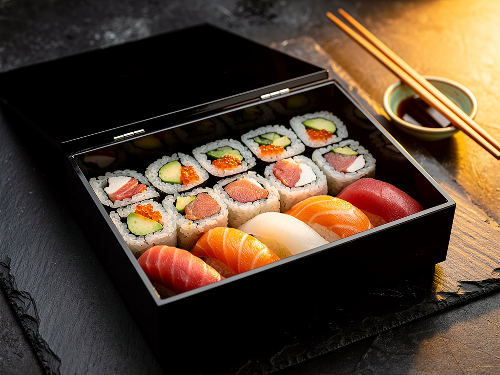 A premium sushi delivery box with neatly arranged rolls and nigiri on a dark table