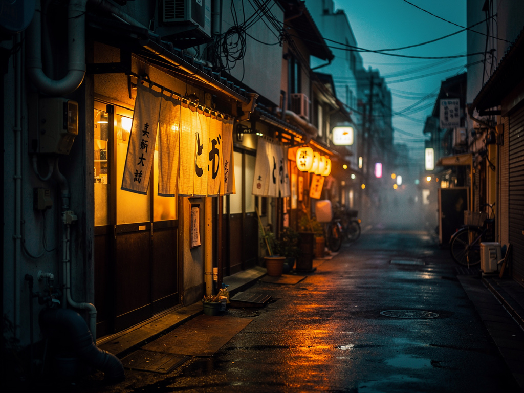 A warm, lantern-lit street with several small sushi restaurants side by side at dusk