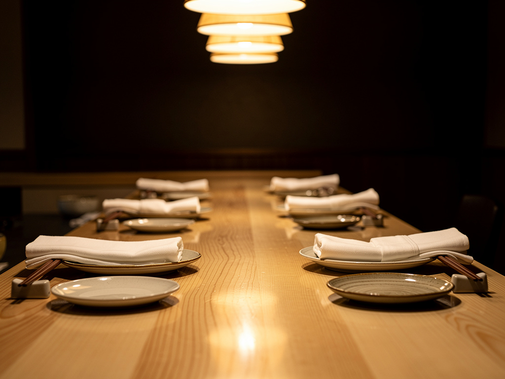An intimate omakase counter set for guests with folded napkins and ceramic plates