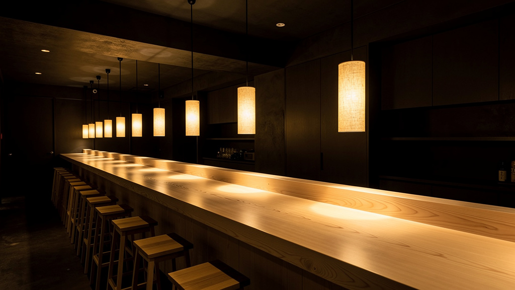 A calm Japanese-minimal sushi bar with a long wooden counter and warm pendant lights