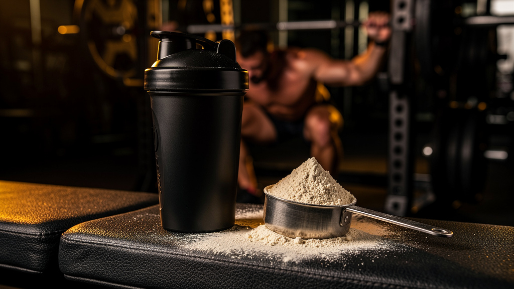 Premium sports nutrition scene: a scoop of whey protein powder, a matte shaker bottle and an athlete training in warm gym light