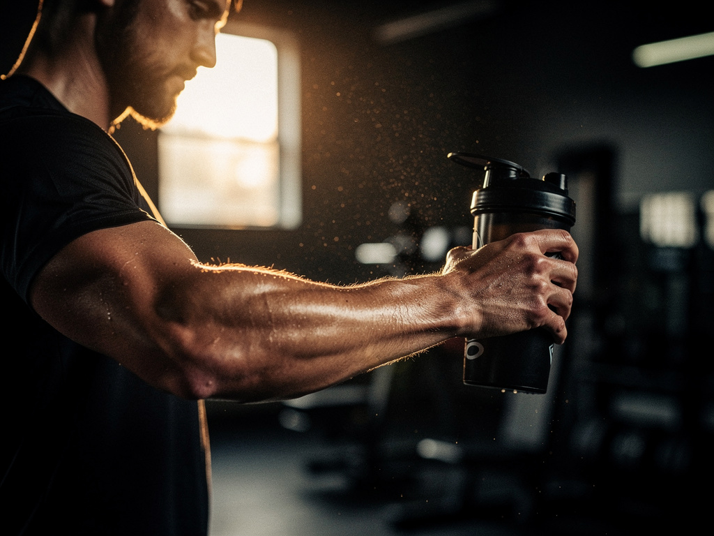 An athlete shaking a protein drink in a sunlit gym after training