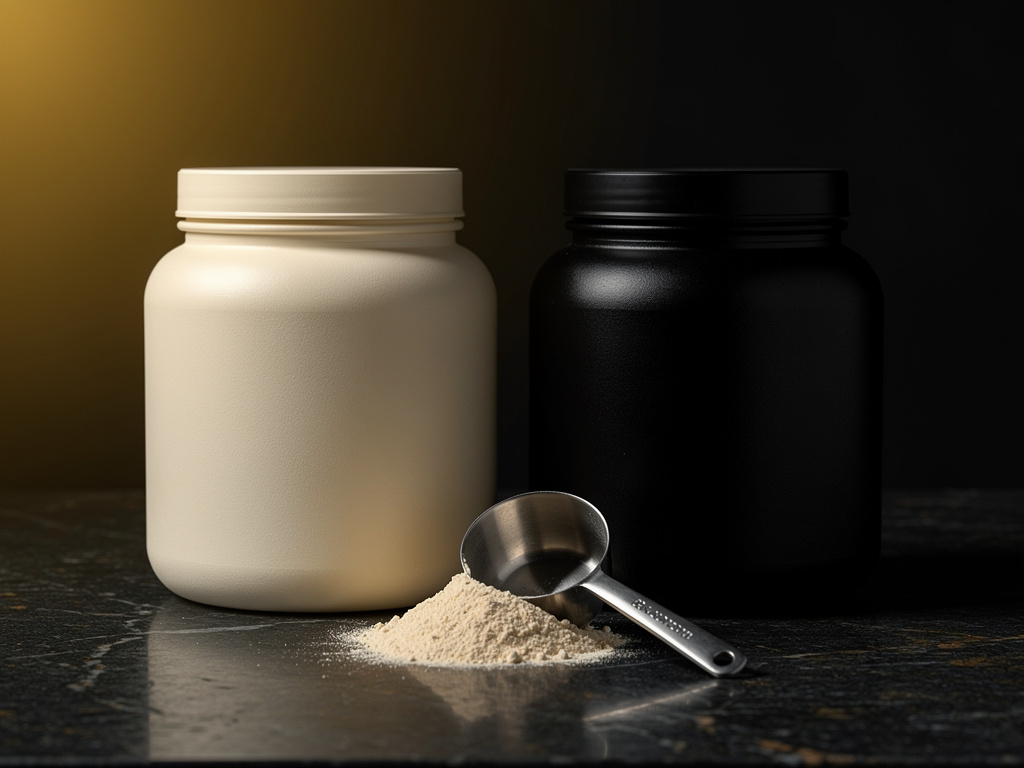 Premium protein tubs and a scoop arranged on a stone counter in soft studio light