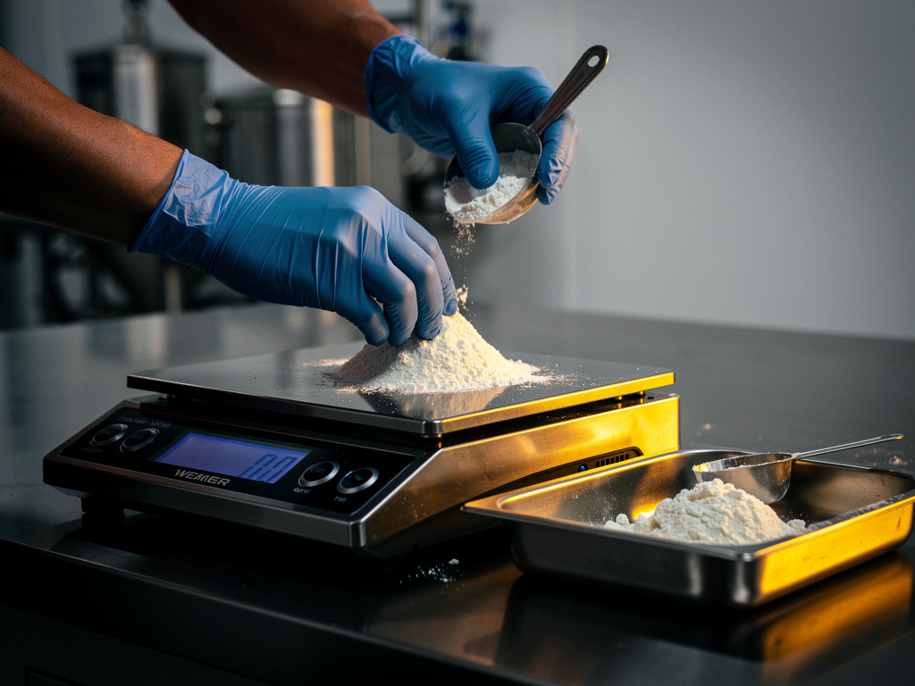 Whey protein powder being weighed in a clean, bright production room