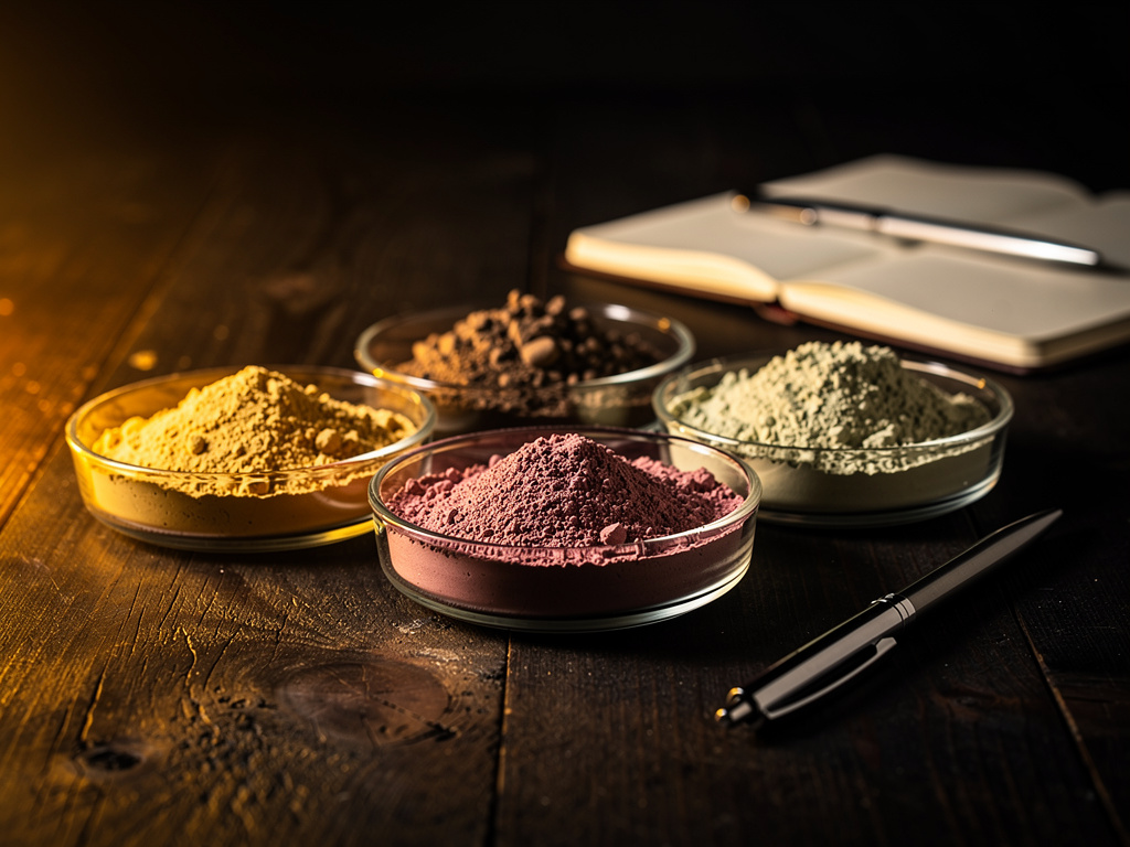 Several protein powder samples lined up on a clean table for side-by-side comparison