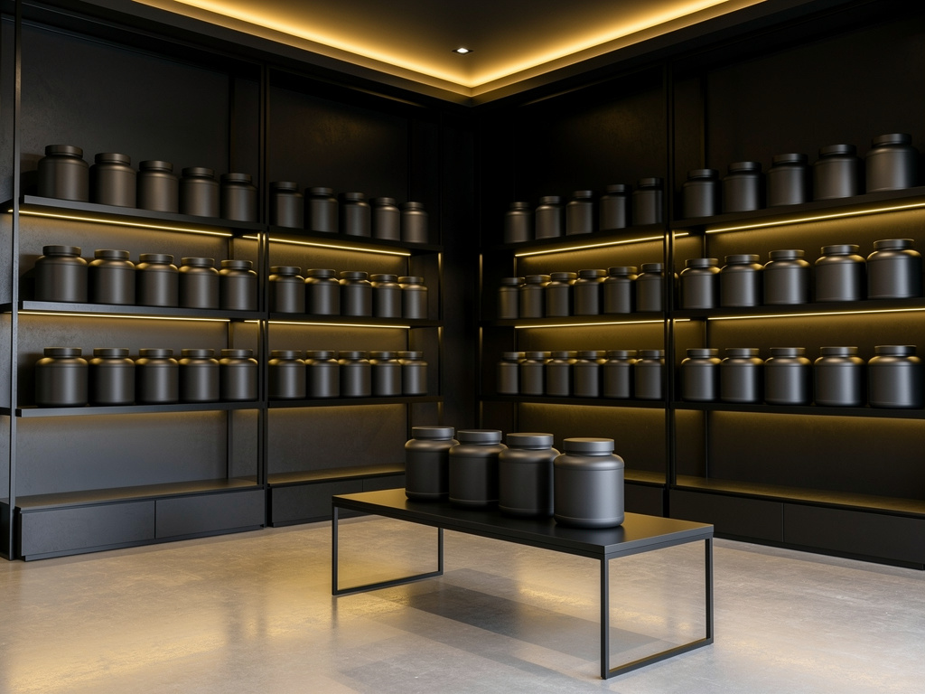 A modern sports nutrition store with neatly lit shelves of supplements