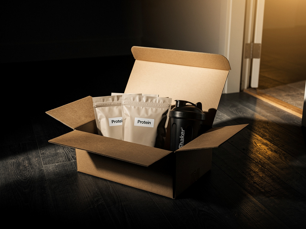 A neatly packed delivery box with protein pouches and a shaker bottle on a doorstep