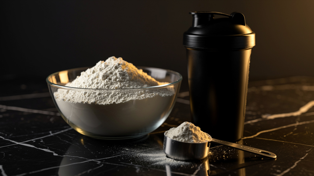 Whey protein powder in a glass bowl beside a shaker bottle on a dark marble surface